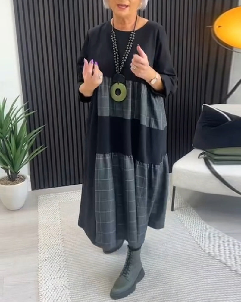 Casual plaid patchwork pocket dress