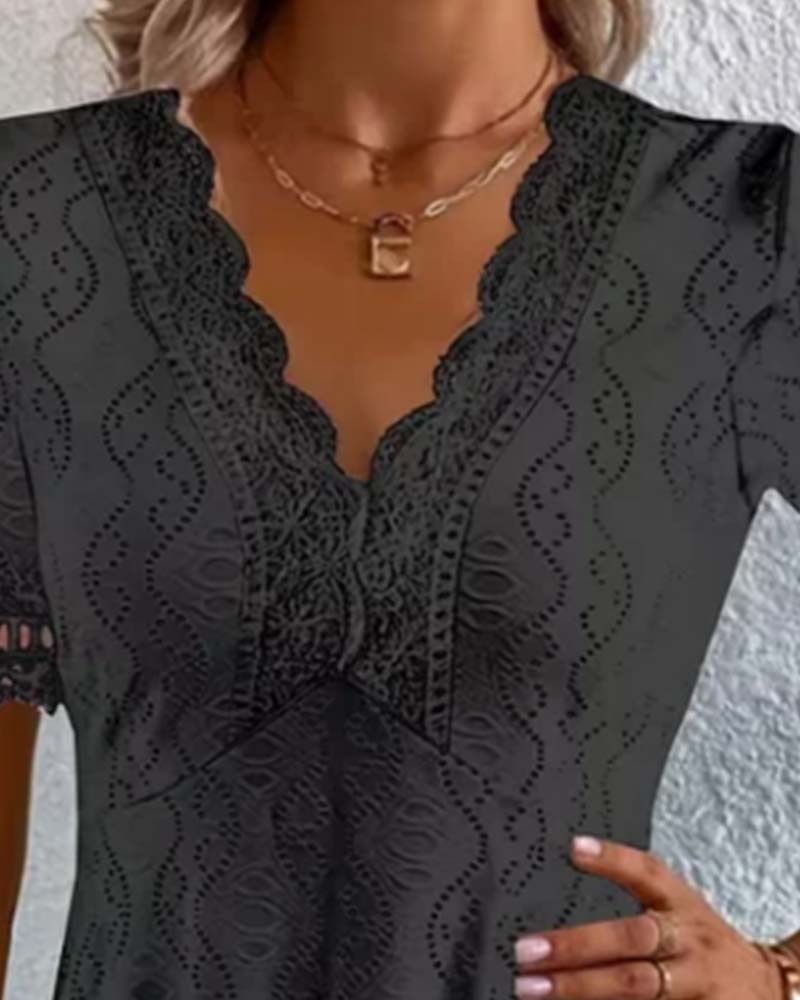 Lace V-Neck Hollow Out Blouse