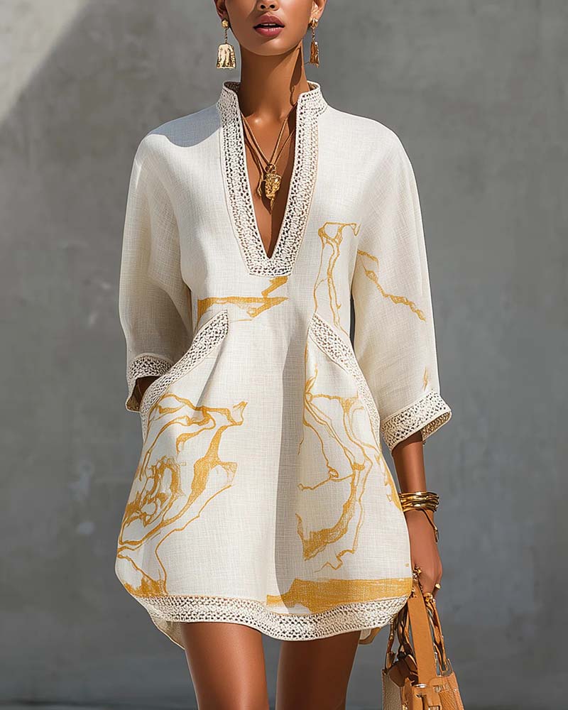 Stand Collar Hollow Half Sleeve Dress