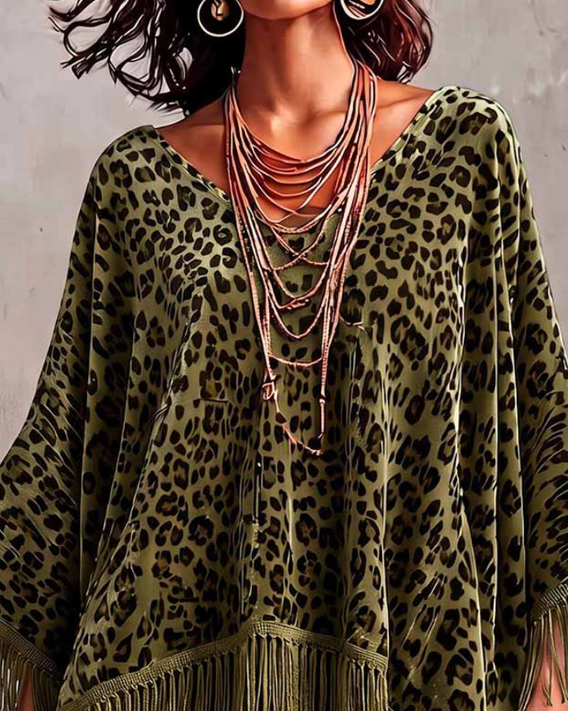 Batwing Fringe Leopard Print Loose Velvet Blouse