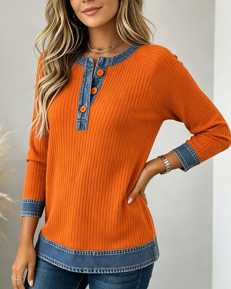 Buttoned Round Neck Pit Denim Patchwork Top