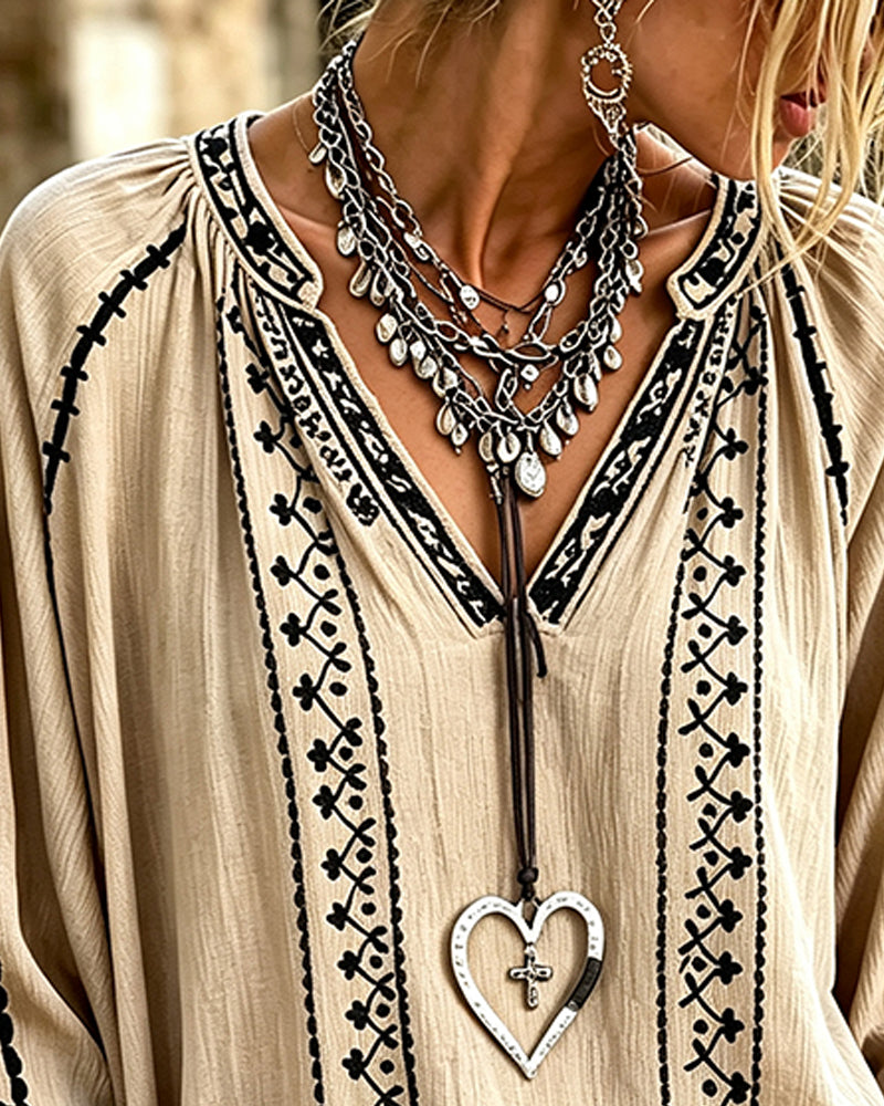 V-Neck Ethnic Mid-Length Sleeve Relaxed Blouse