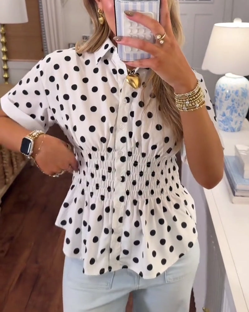 Notched Collar Polka Dot Cinched Waist Blouse