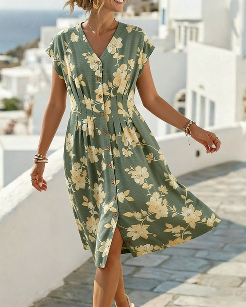 V-Neck Print Cinched Waist Button-Front Dress