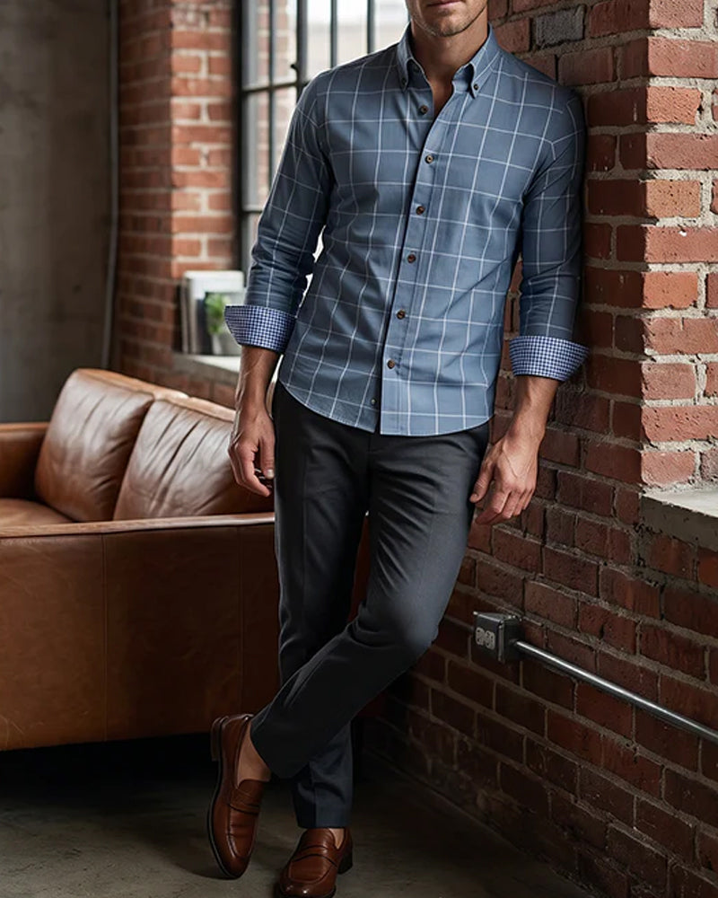 Blue and White Check Lapel Long Sleeve Shirt