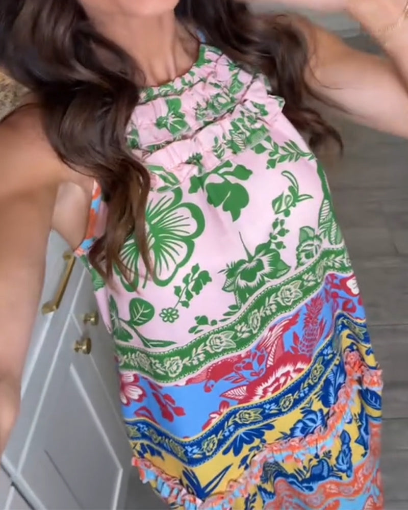 Printed Contrast Color Sleeveless Dress