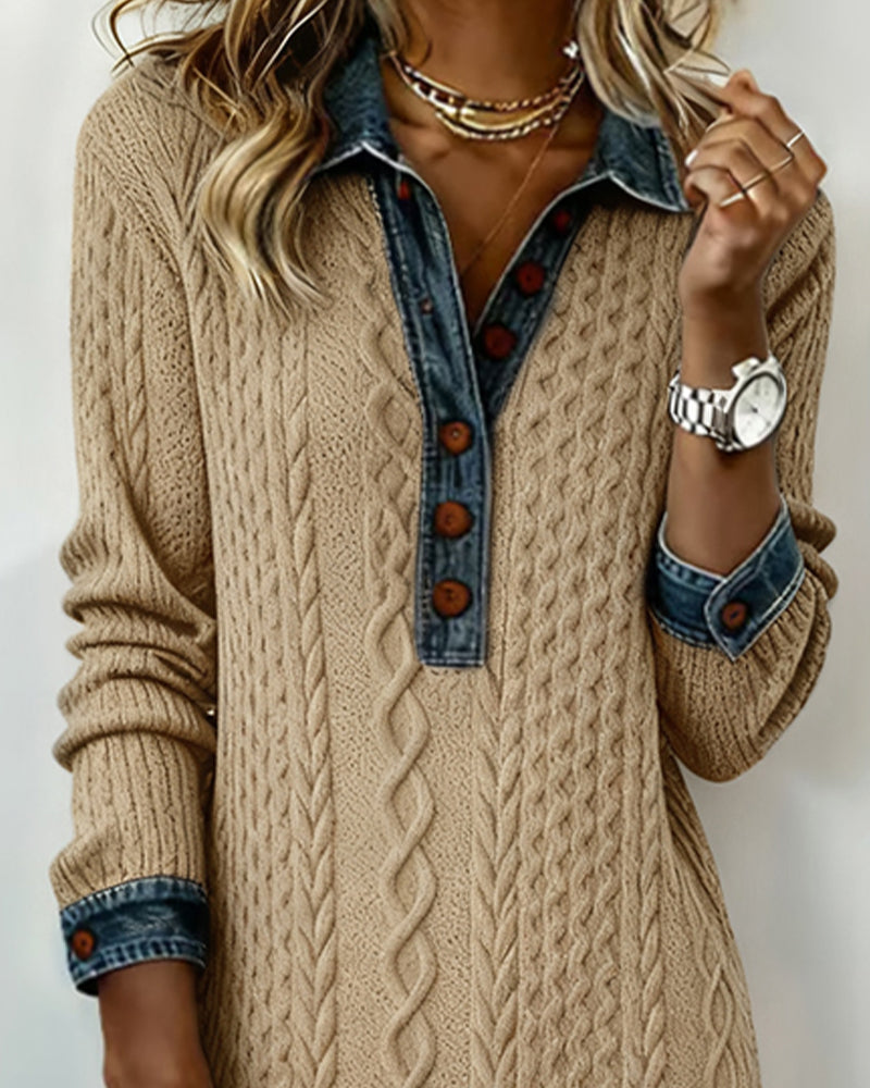 Denim cable knit patchwork collared dress