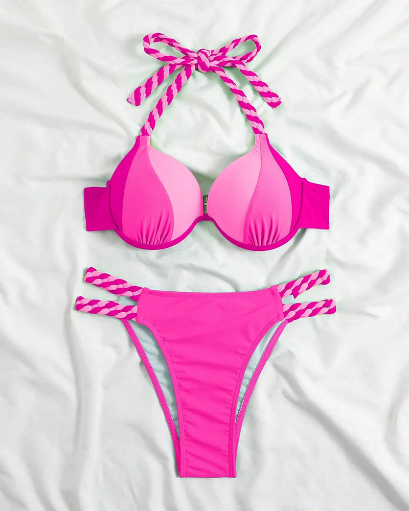 Colorblock halterneck bikini set