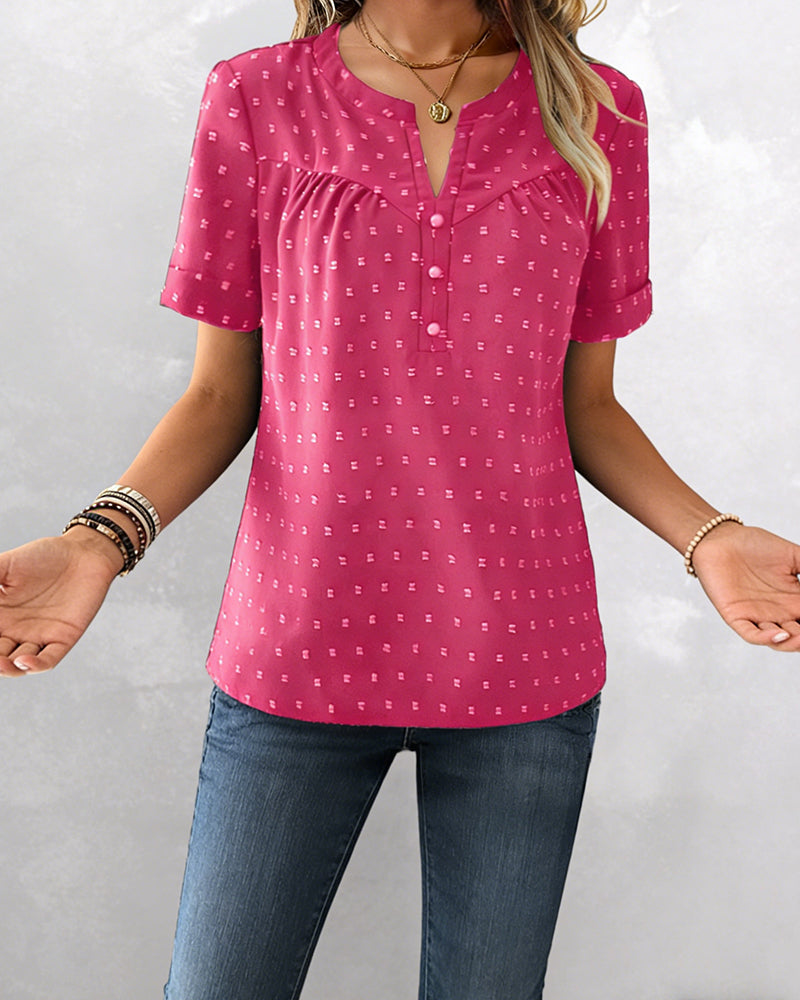 Jacquard V-Neck Half-Placket Short Sleeve Blouse