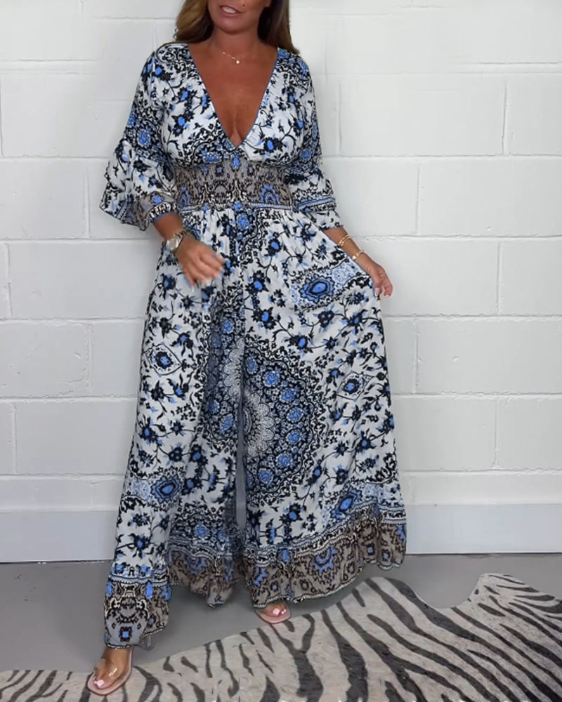 Printed deep V-neck jumpsuit