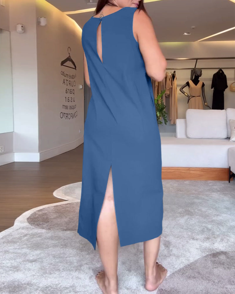 Aumora Casual V-neck Sleeveless Solid Color Split Dress