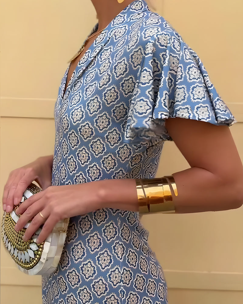 V-Neck Diamond Print Ruffled Sleeve Dress