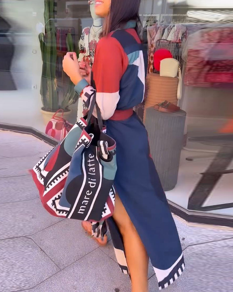 Casual color block printed lapel lace-up dress