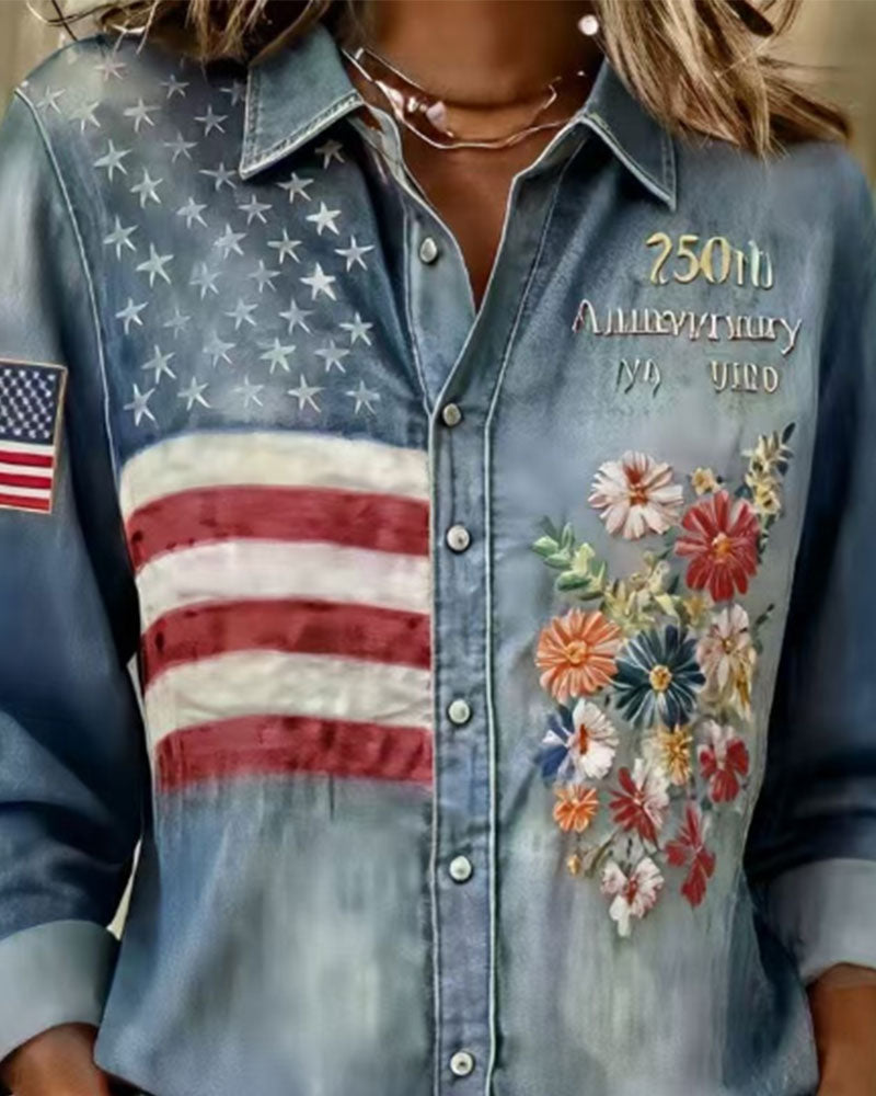 Turn-down Collar Print Embroidery Shirt