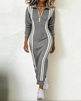 Lapel Zipper Striped Fitted Dress