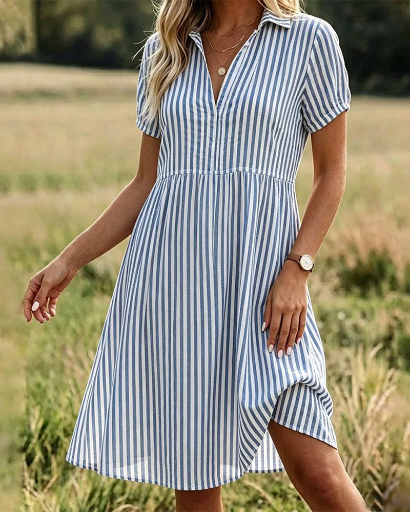 Collared Vertical Striped Shirt Dress