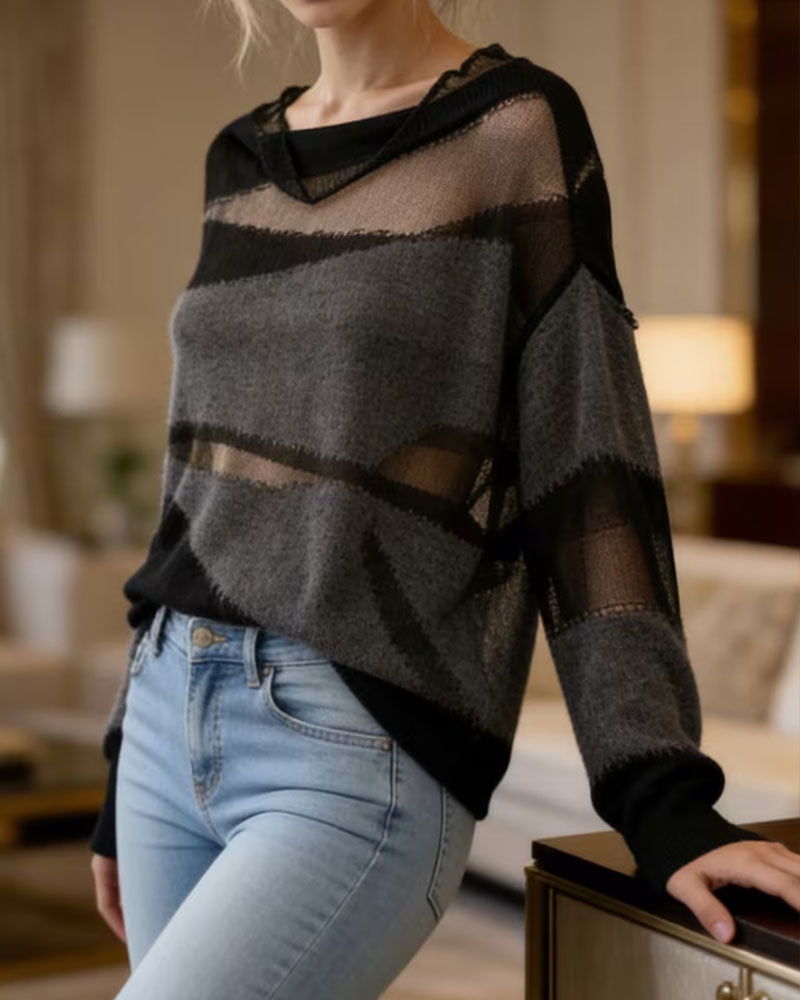 Contrast Color Sheer Long Sleeve Sweater Pullover