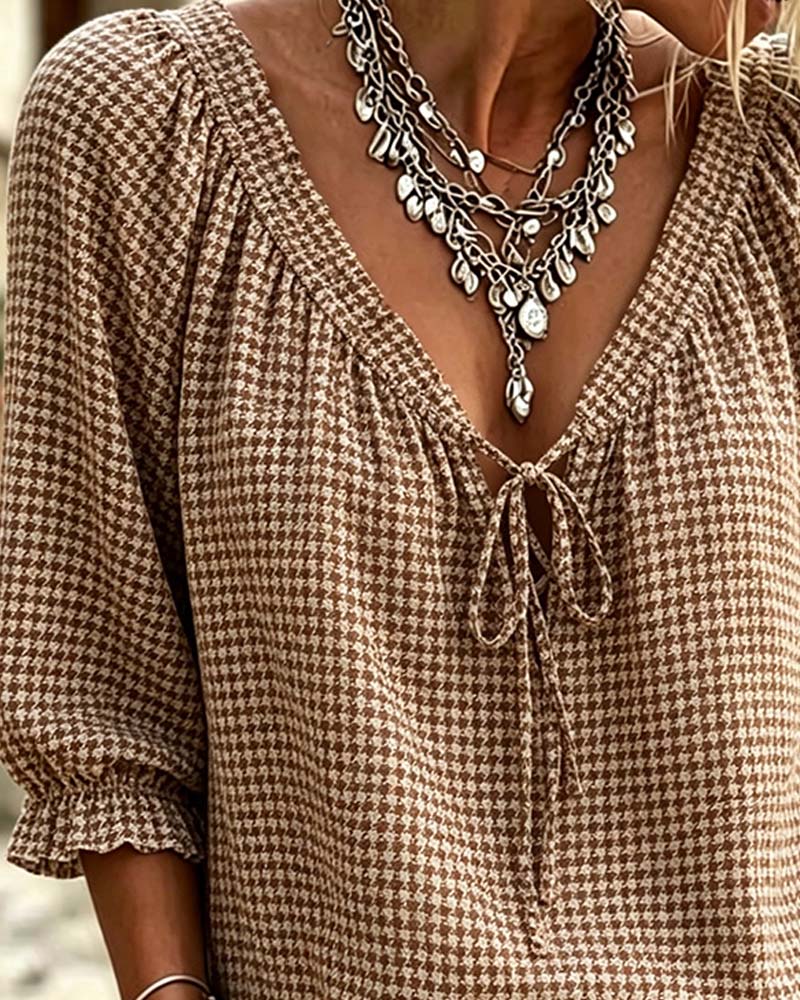 V-Neck Puff Sleeve Tie Houndstooth Blouse