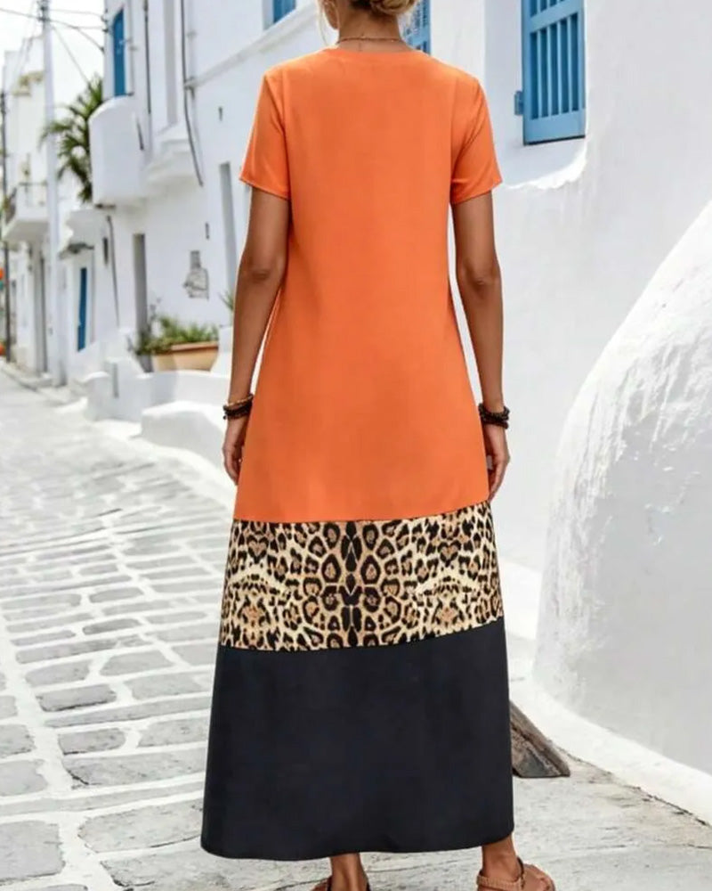 V-Neck Color Block Patchwork Leopard Maxi Dress