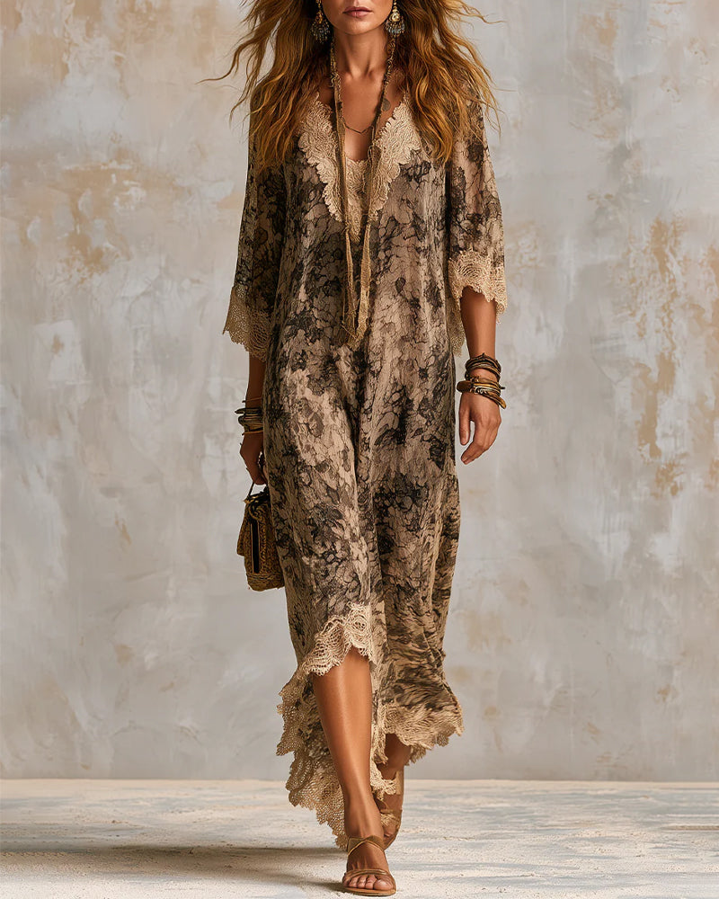 V-Neck Lace Patchwork Asymmetric Dress