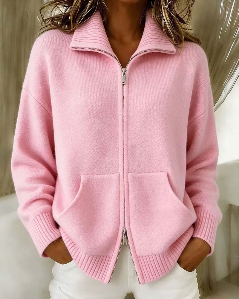 Lapel Zipper Solid Color Cardigan
