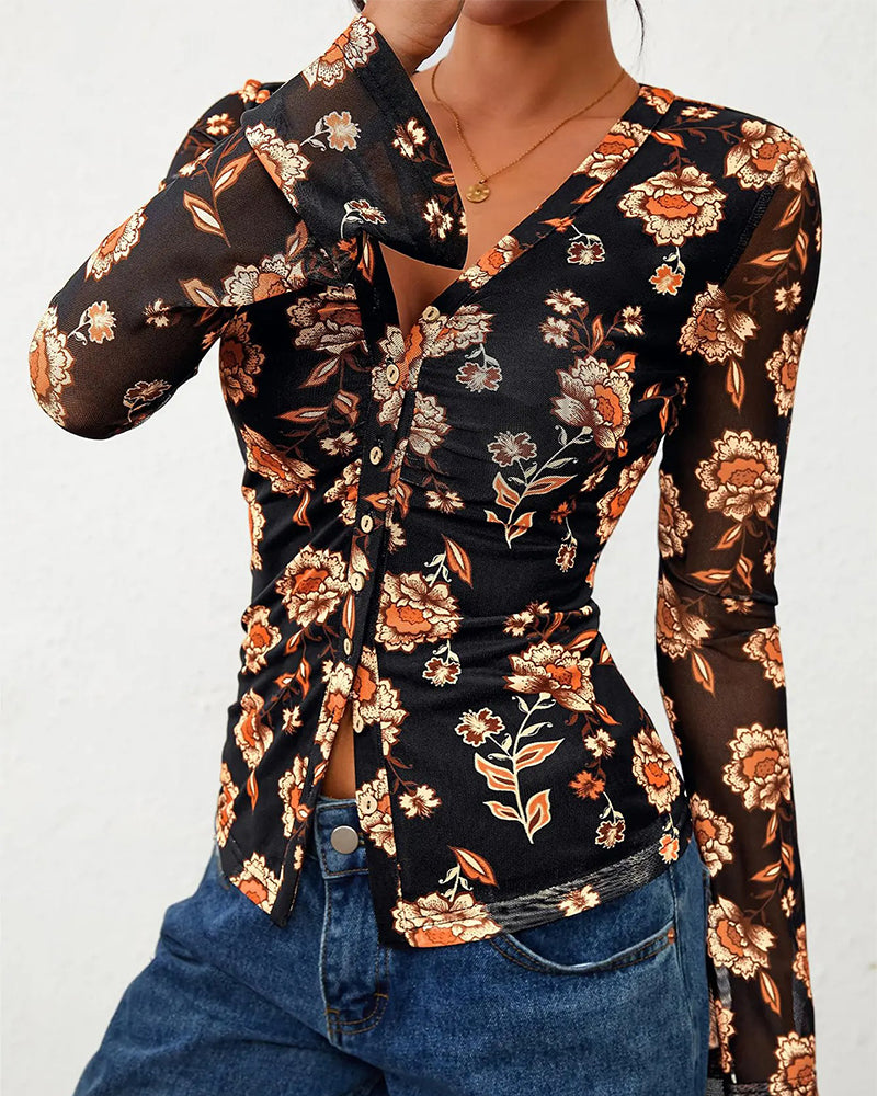 V-Neck Button Slit Fitted Top