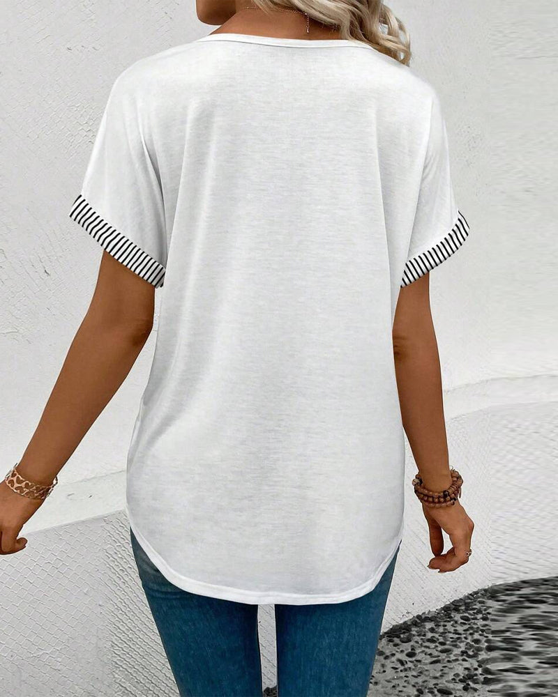 V-Neck Striped Contrast Casual Blouse