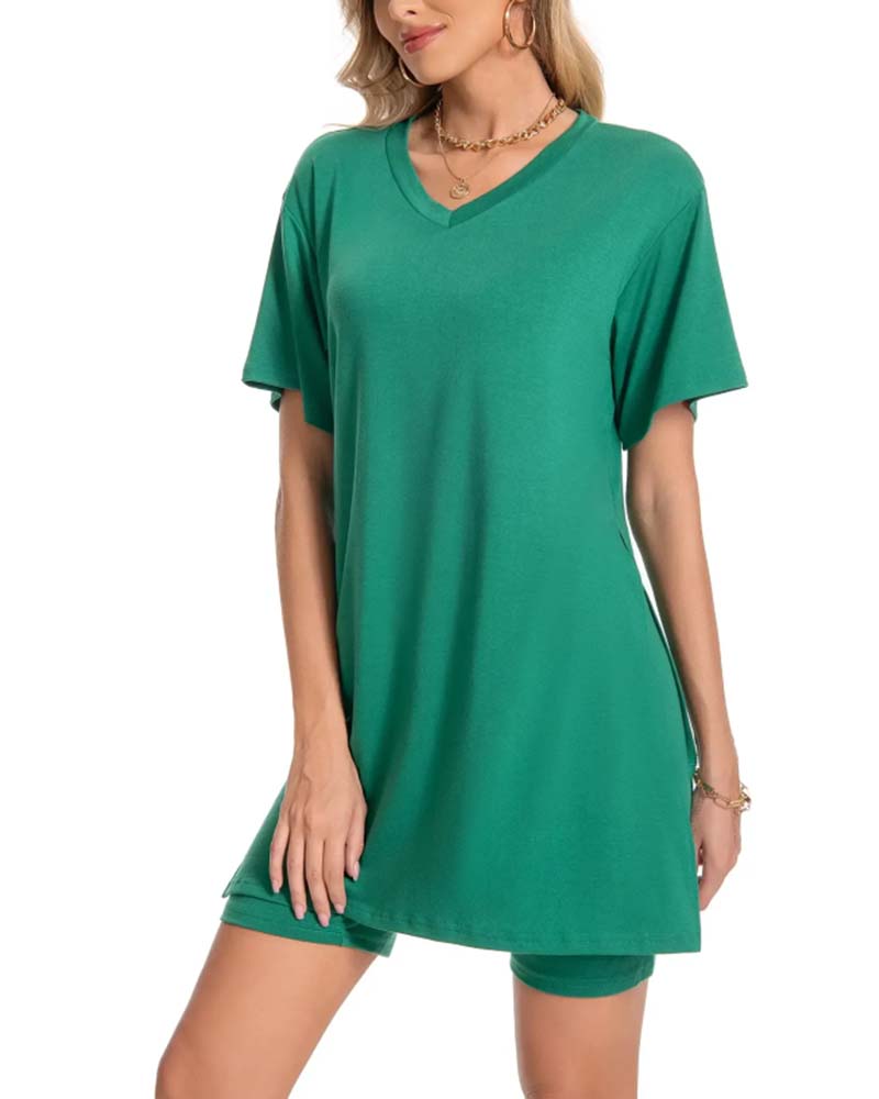 V-Neck Side Split Short Sleeve Set