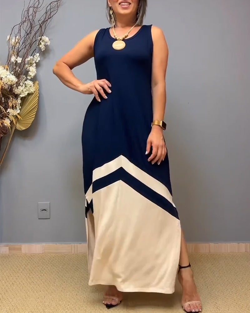 Sleeveless Contrast Color Slit Long Dress