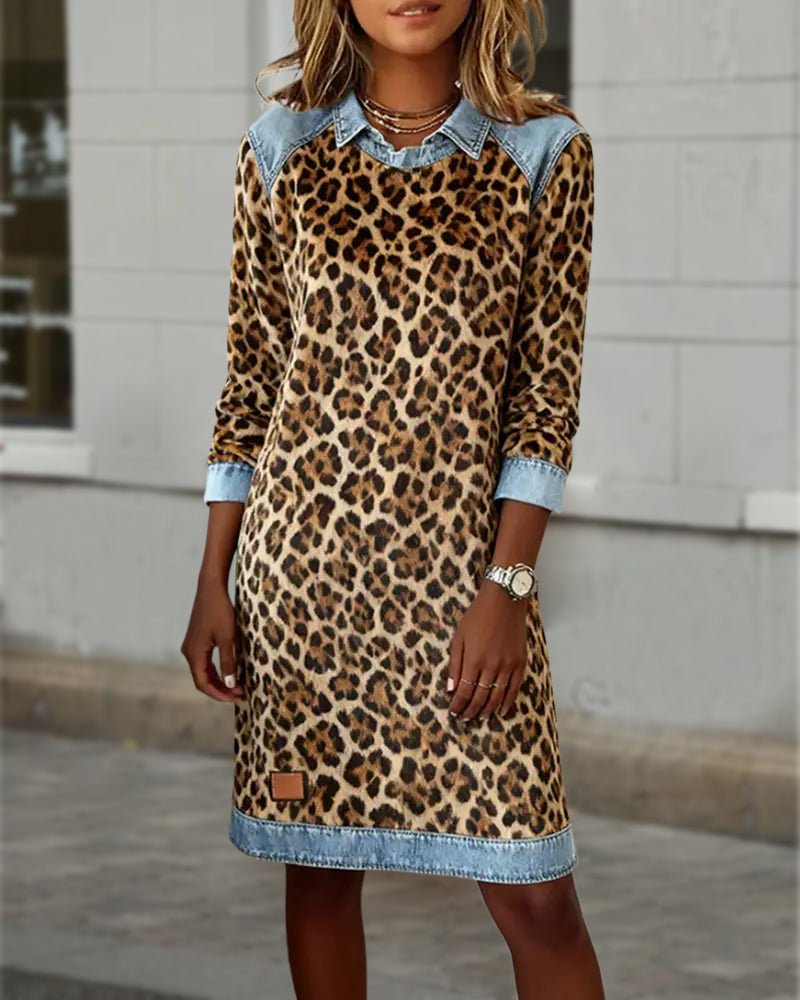 Lapel Leopard Print Shift Dress