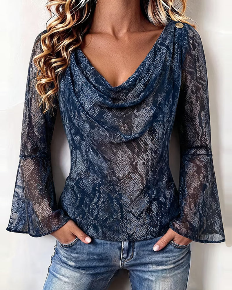 Snakeskin Mesh Drape-Neck Blouse