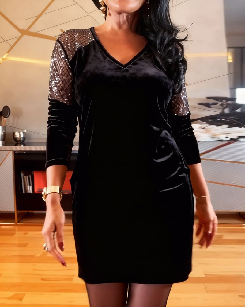 Fashionable Velvet Patchwork Long-Sleeved Dress