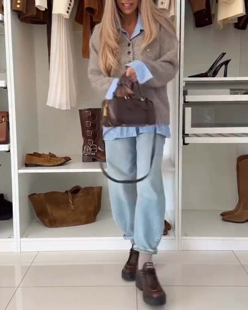 Long-Sleeved Button-Down Collar Pullover