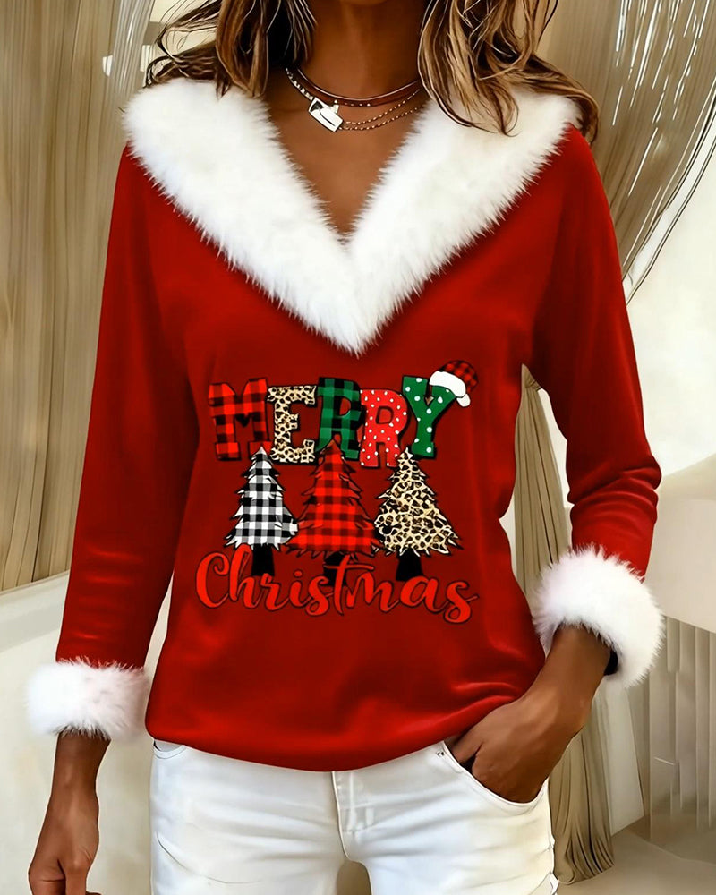 V-Neck Christmas Tree-Patterned Top