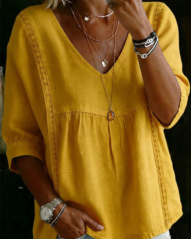 Ruffle Trim V-Neck Elbow-Length Sleeve Blouse