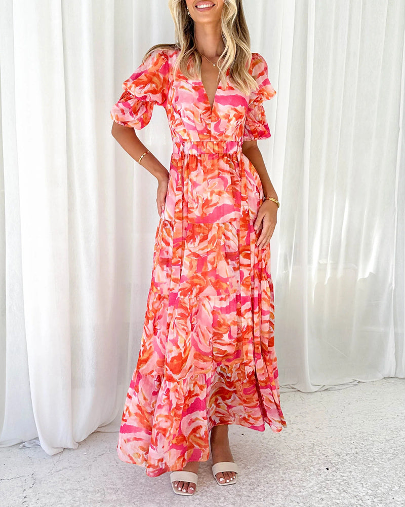 V-neck waist short sleeve dress