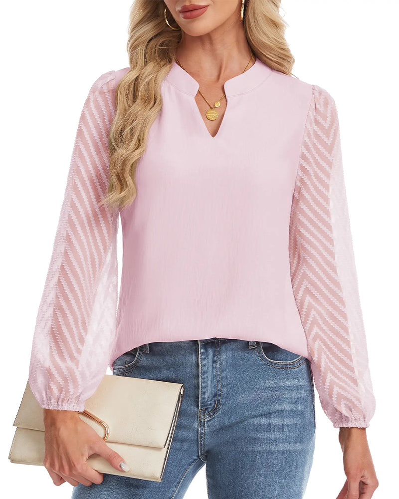 Stand Collar Long Sleeve Textured Mesh Blouse