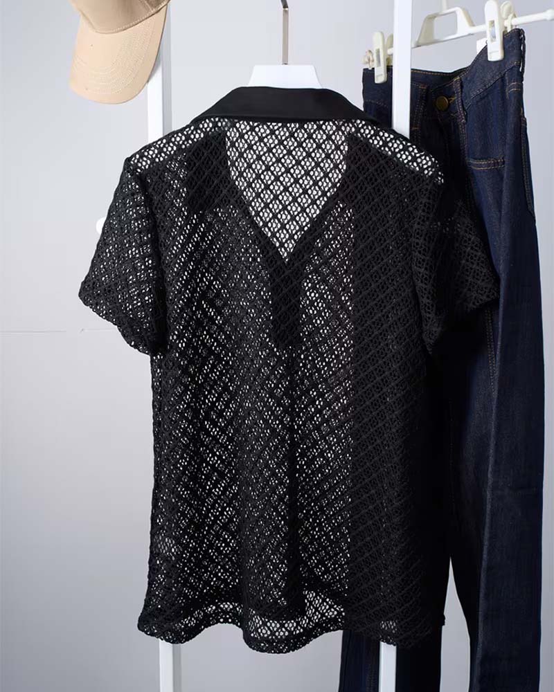 Solid Color Shirt Collar Hollow Out Pullover