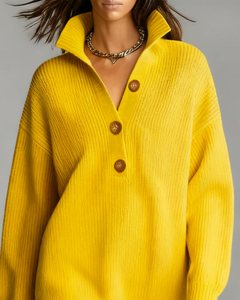 Three-Button Elegant Collared Pullover