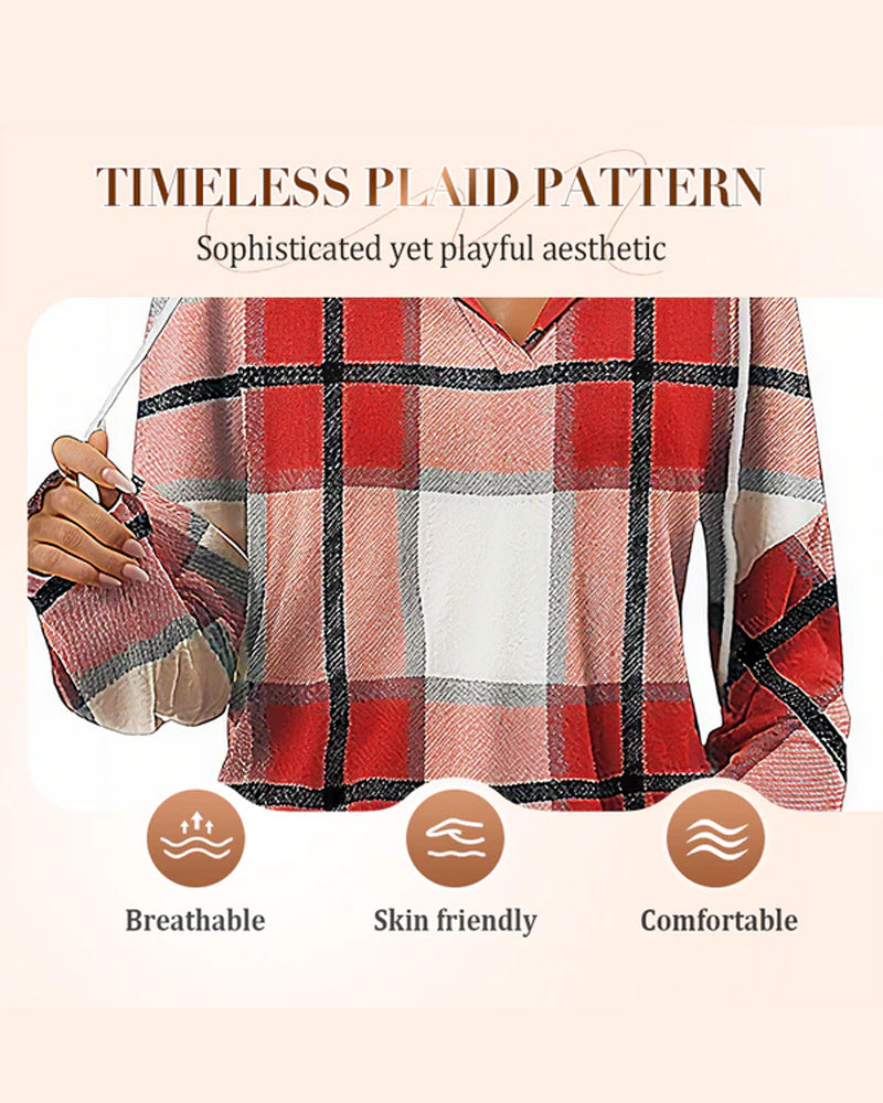 Women's Plaid V-Neck Hooded Long Sleeve Drawstring Sweater