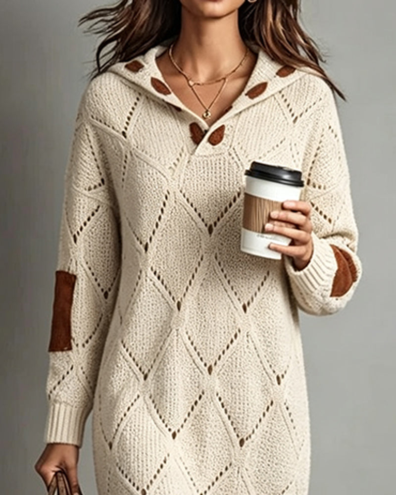 Hooded Contrasting Hollow Out Sweater Dress