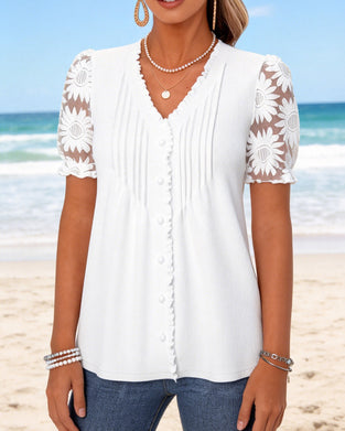 V-Neck Button Pleated Lace Patchwork T-Shirt