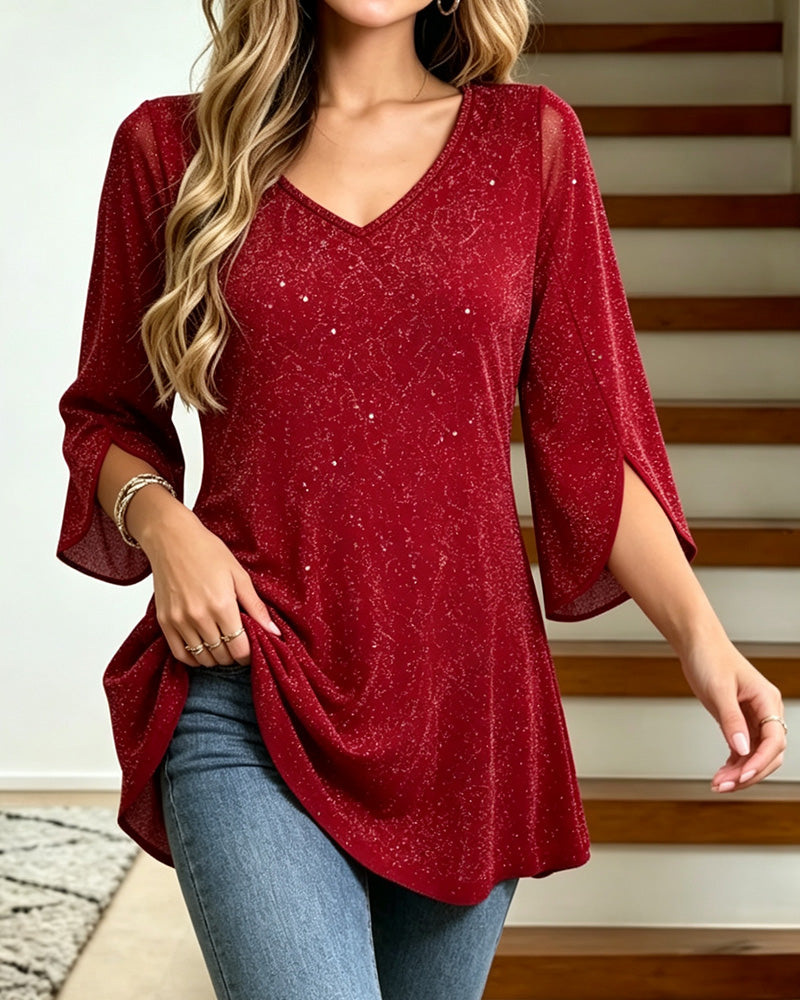 V-Neck Flare Sleeve A-Line Top