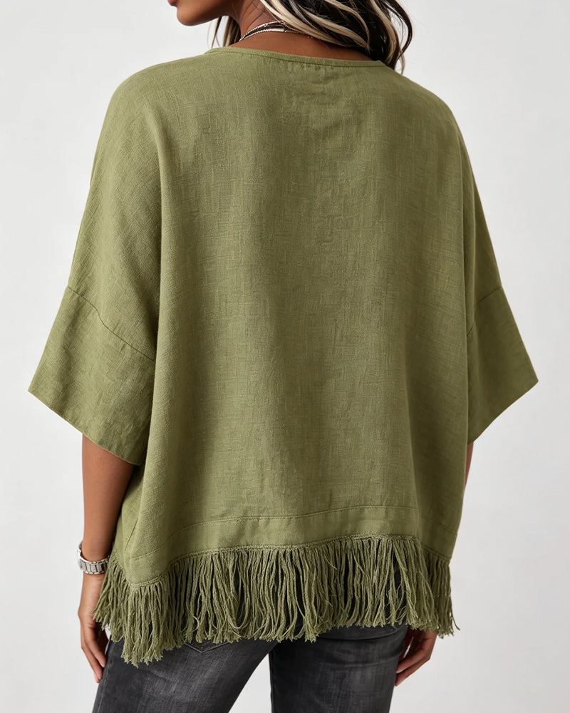 Crew Neck Fringe Elbow-Length Sleeve Solid Blouse