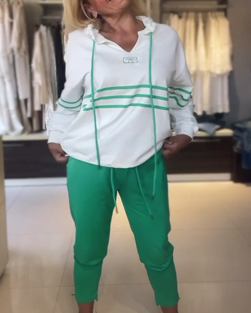 Casual striped print hooded sweatshirt set