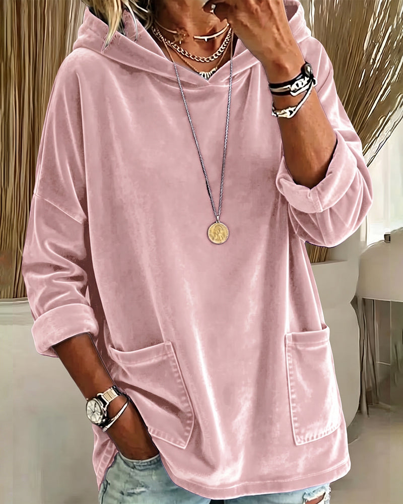 Solid Color Pocket Hooded Sweatshirt