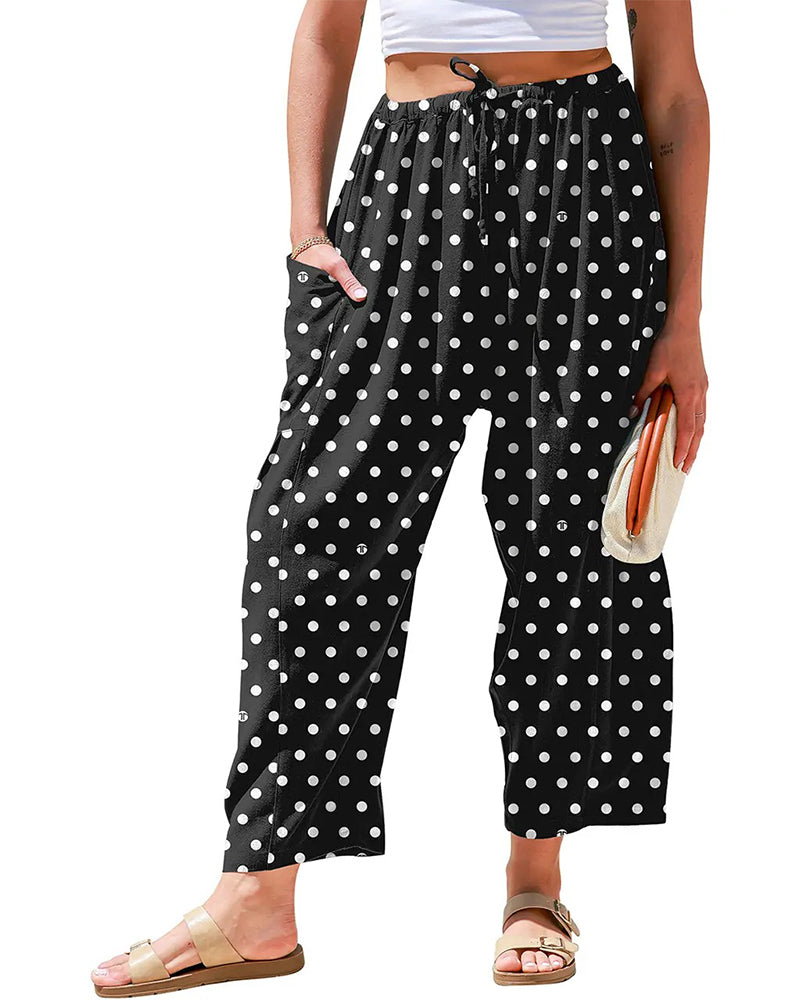 Drawstring Polka Dot Pocket Wide-Leg Cropped Pants
