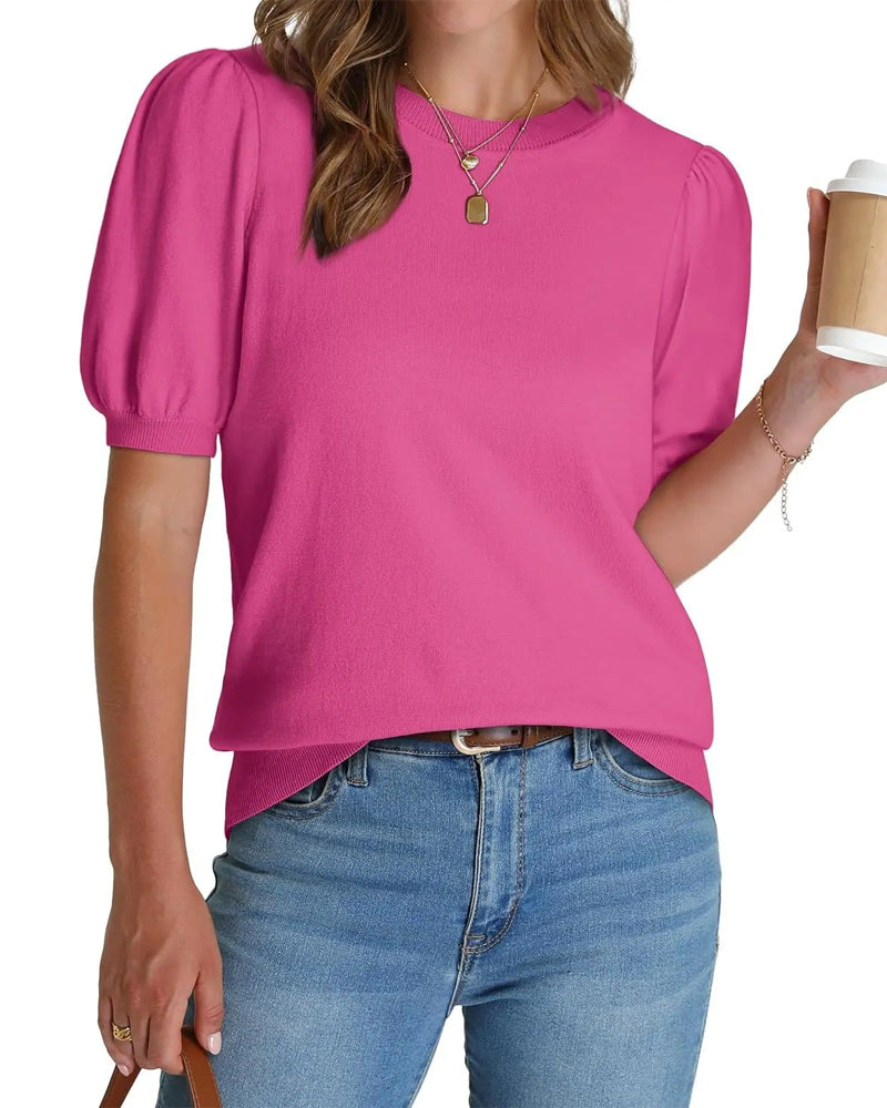 Puff Sleeve Knitted Short-Sleeve Pullover
