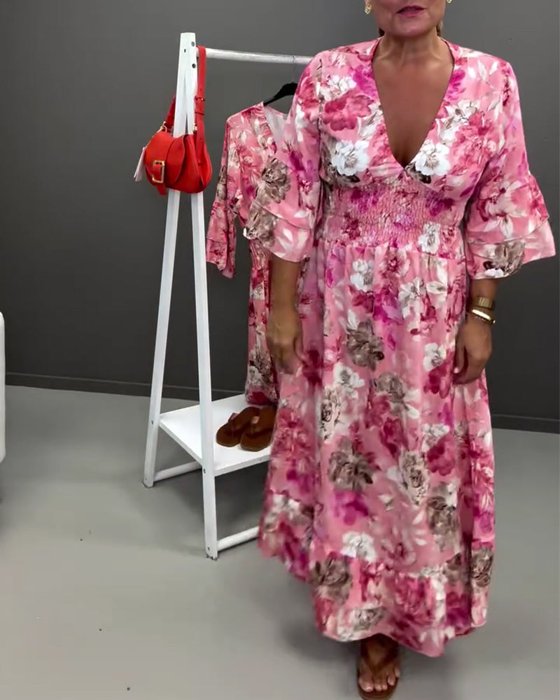 Deep V Double Layer Ruffle Floral  Dress