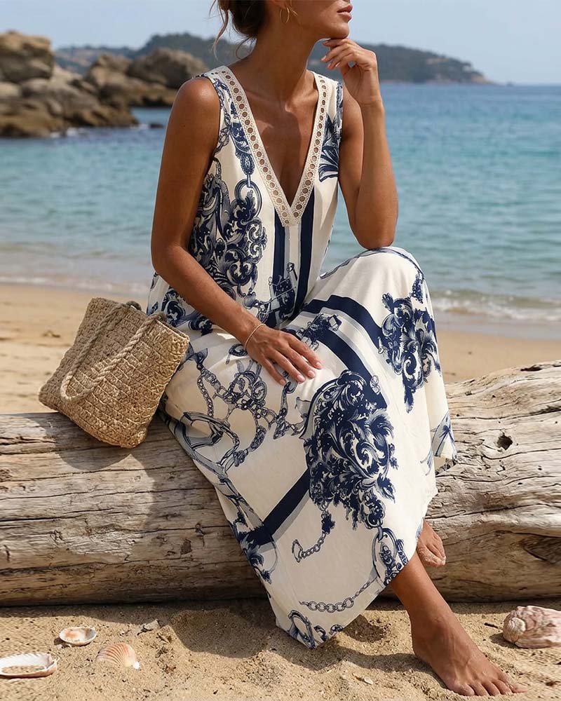 V-Neck Sleeveless Printed Dress